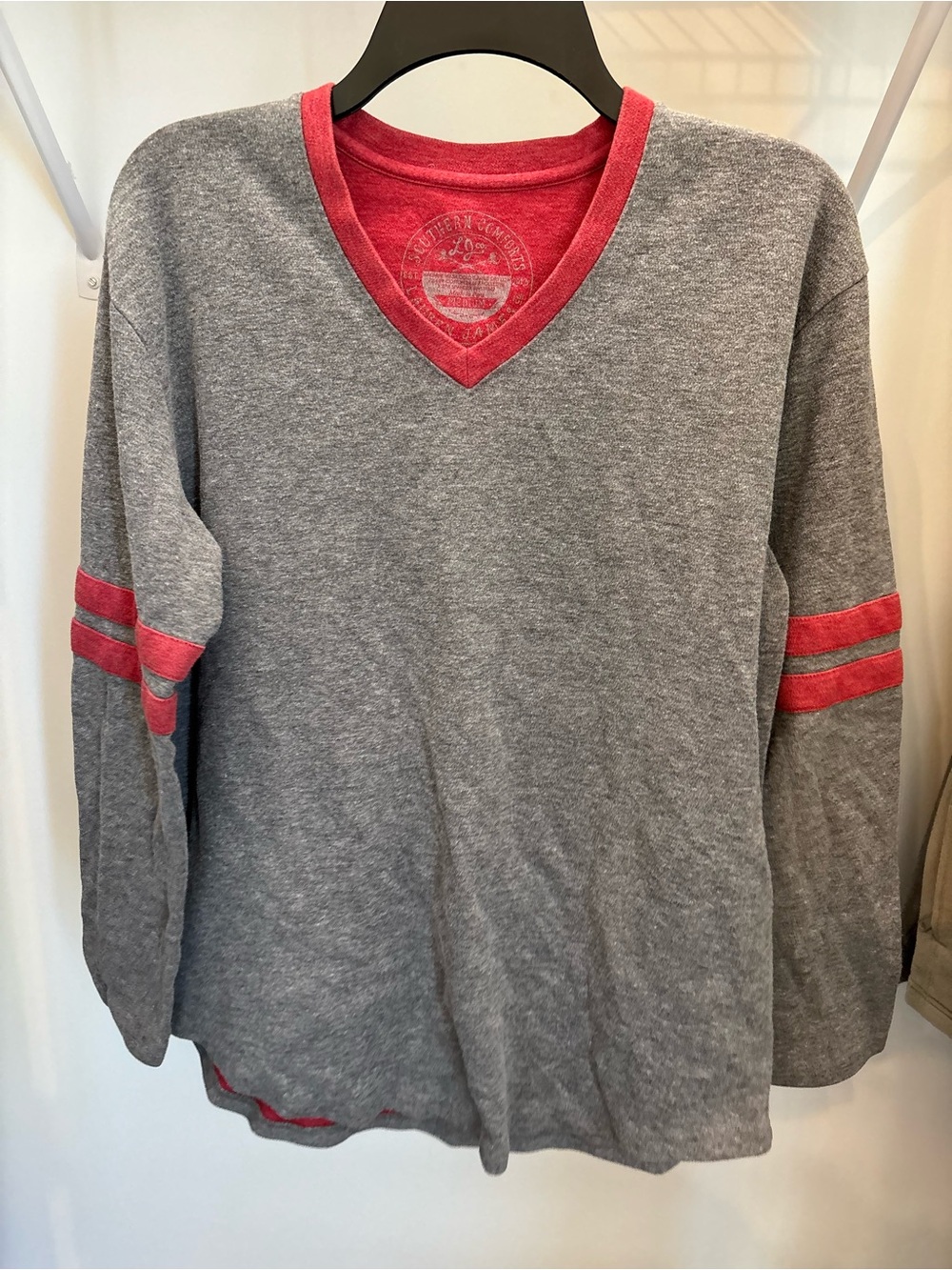 Lauren James Heather Gray Sweatshirt with Crimson V-Neck Trim